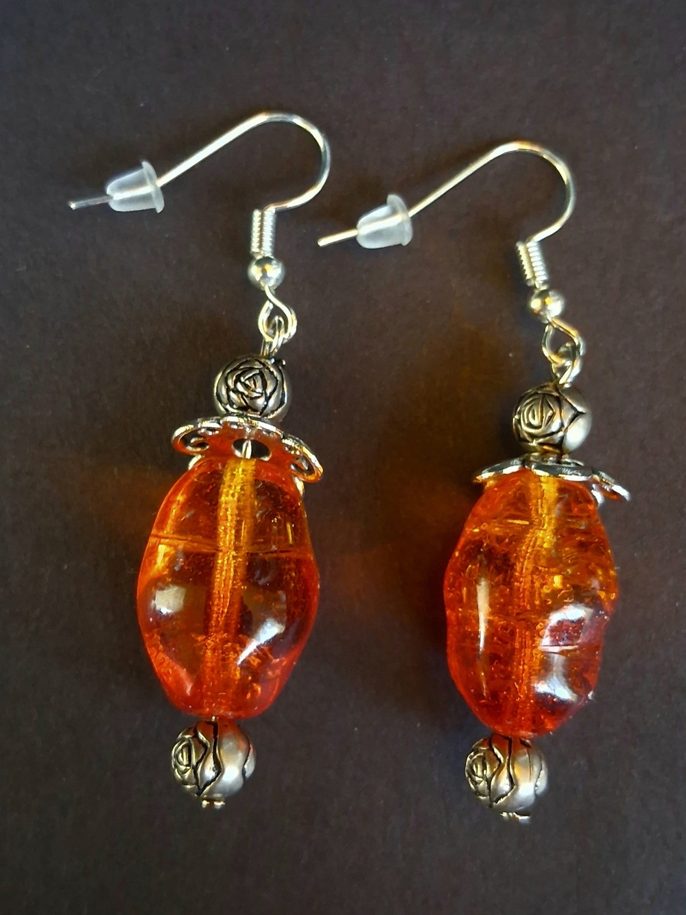 Handmade Amber Glass Drop Earrings with Silver Accents - Orange